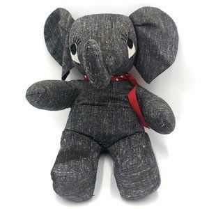 Vintage Denim Elephant with Red Ribbon Felt Eyes Stuffed Animal Plush 18.5" Tall
